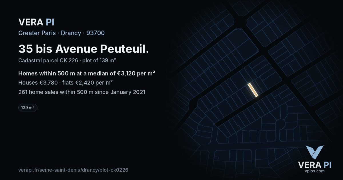 35 bis Avenue Peuteuil, Drancy at night – the plot lit, the parcels around coloured by the prices near them