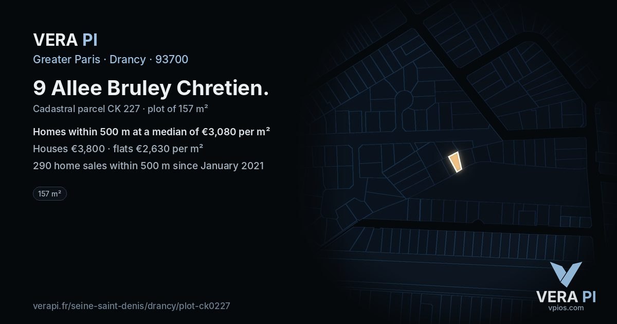 9 Allee Bruley Chretien, Drancy at night – the plot lit, the parcels around coloured by the prices near them