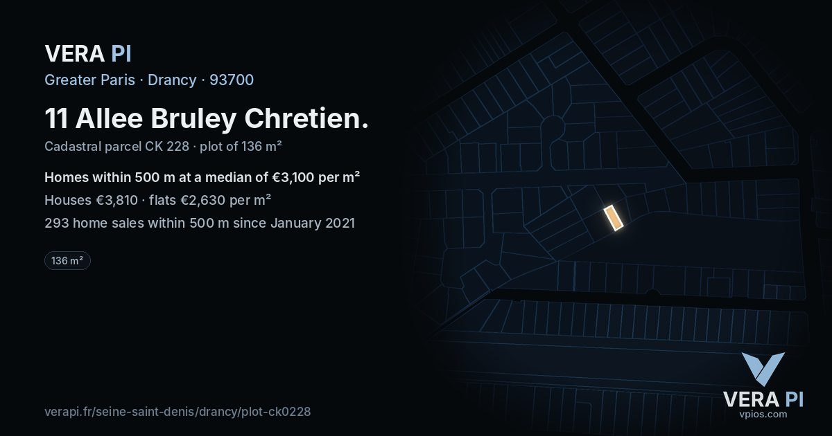 11 Allee Bruley Chretien, Drancy at night – the plot lit, the parcels around coloured by the prices near them