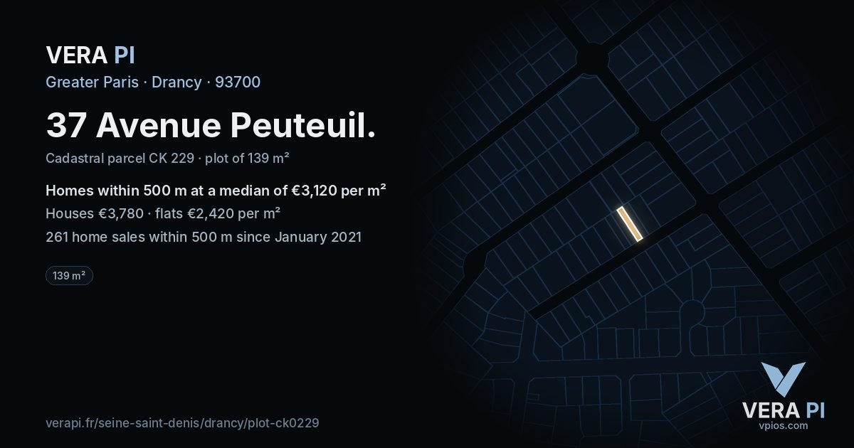 37 Avenue Peuteuil, Drancy at night – the plot lit, the parcels around coloured by the prices near them
