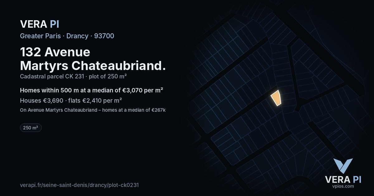 132 Avenue Martyrs Chateaubriand, Drancy at night – the plot lit, the parcels around coloured by the prices near them