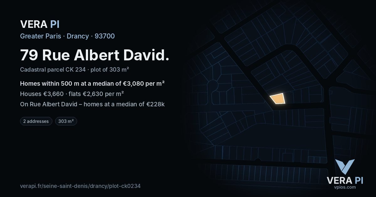 79 Rue Albert David, Drancy at night – the plot lit, the parcels around coloured by the prices near them