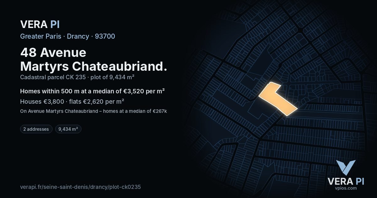 48 Avenue Martyrs Chateaubriand, Drancy at night – the plot lit, the parcels around coloured by the prices near them