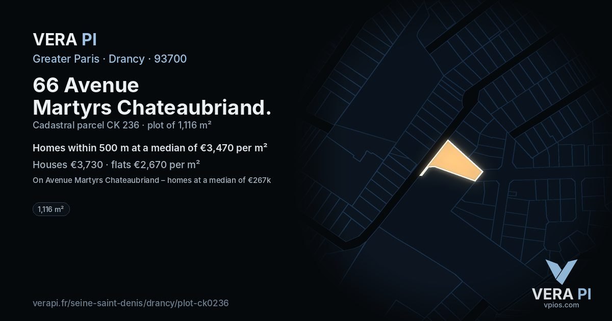 66 Avenue Martyrs Chateaubriand, Drancy at night – the plot lit, the parcels around coloured by the prices near them