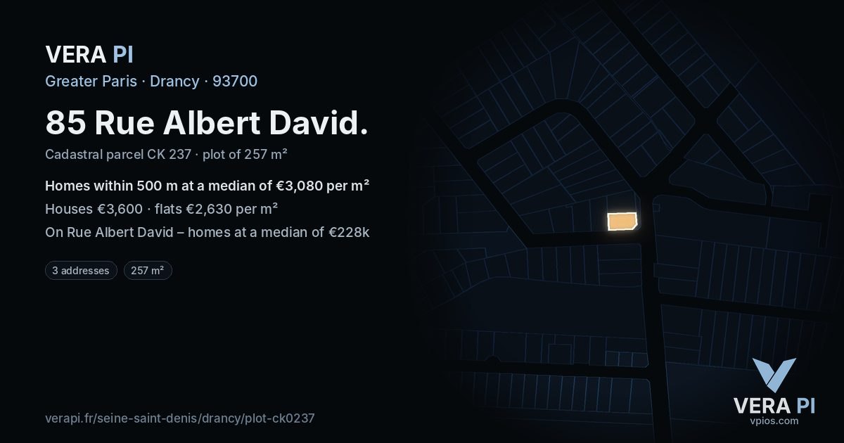 85 Rue Albert David, Drancy at night – the plot lit, the parcels around coloured by the prices near them