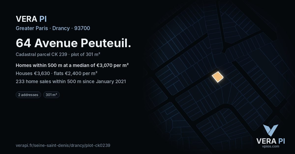 64 Avenue Peuteuil, Drancy at night – the plot lit, the parcels around coloured by the prices near them