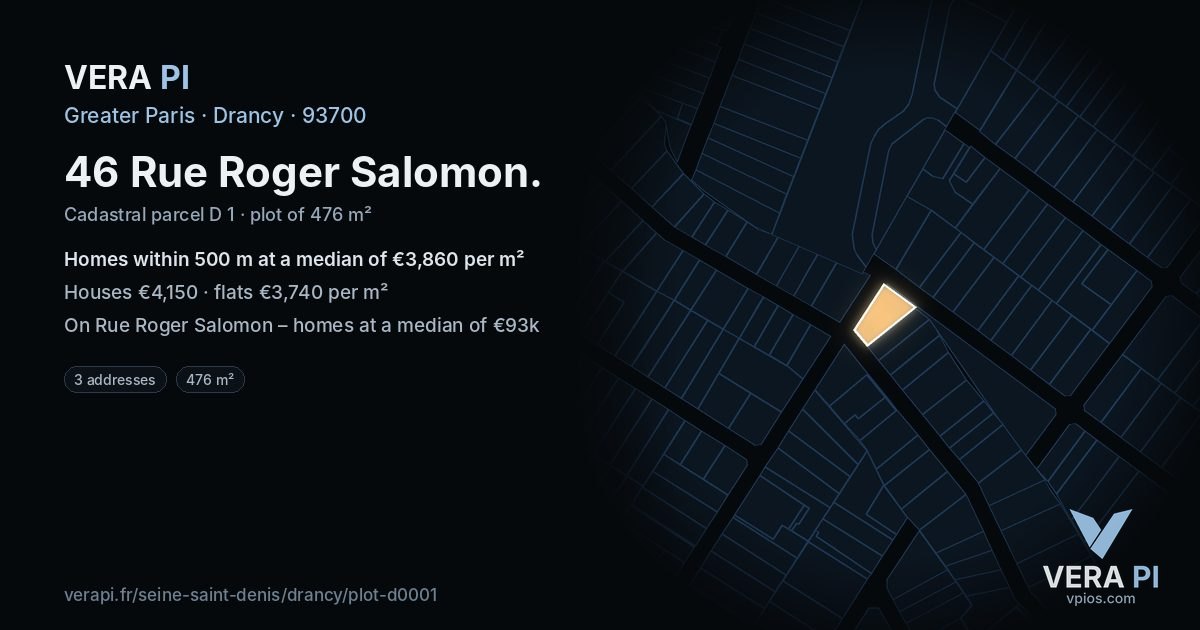 46 Rue Roger Salomon, Drancy at night – the plot lit, the parcels around coloured by the prices near them