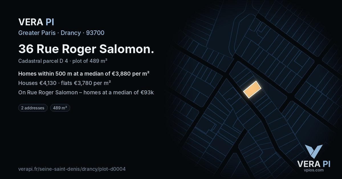 36 Rue Roger Salomon, Drancy at night – the plot lit, the parcels around coloured by the prices near them