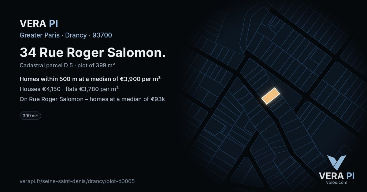 34 Rue Roger Salomon, Drancy at night – the plot lit, the parcels around coloured by the prices near them