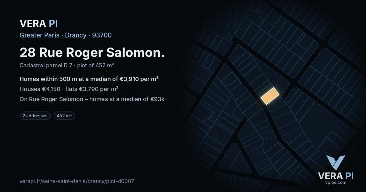 28 Rue Roger Salomon, Drancy at night – the plot lit, the parcels around coloured by the prices near them