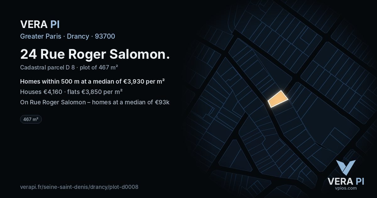 24 Rue Roger Salomon, Drancy at night – the plot lit, the parcels around coloured by the prices near them