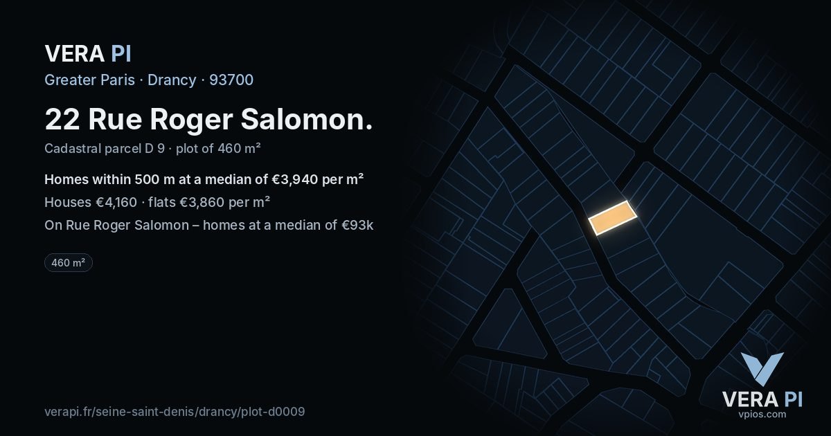 22 Rue Roger Salomon, Drancy at night – the plot lit, the parcels around coloured by the prices near them