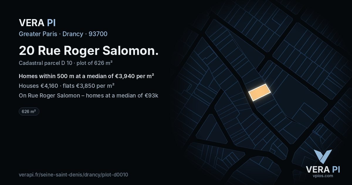 20 Rue Roger Salomon, Drancy at night – the plot lit, the parcels around coloured by the prices near them