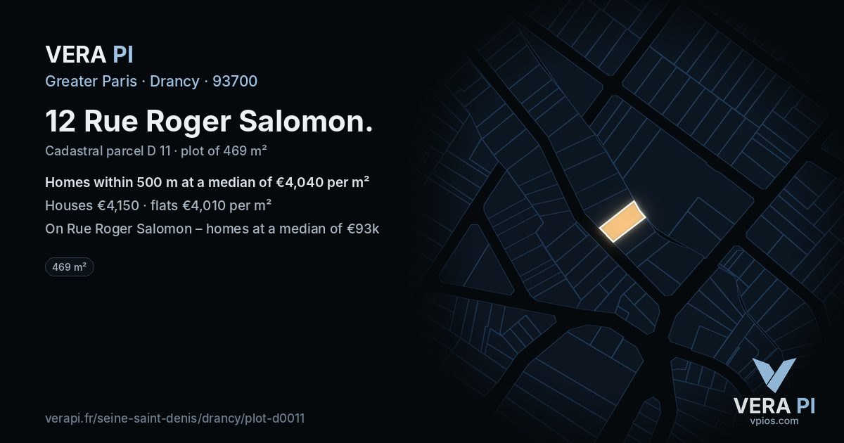 12 Rue Roger Salomon, Drancy at night – the plot lit, the parcels around coloured by the prices near them