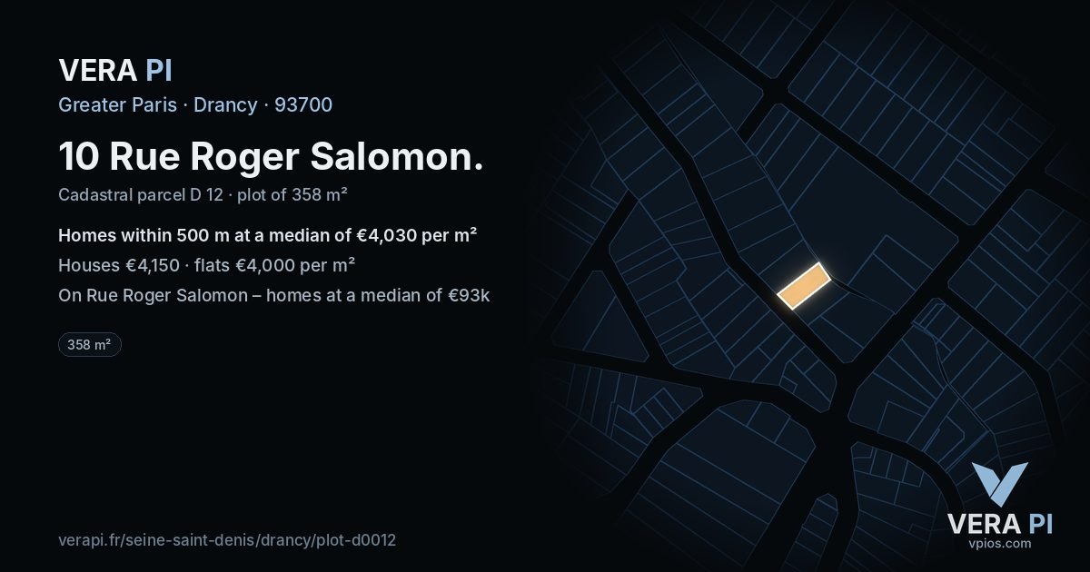 10 Rue Roger Salomon, Drancy at night – the plot lit, the parcels around coloured by the prices near them