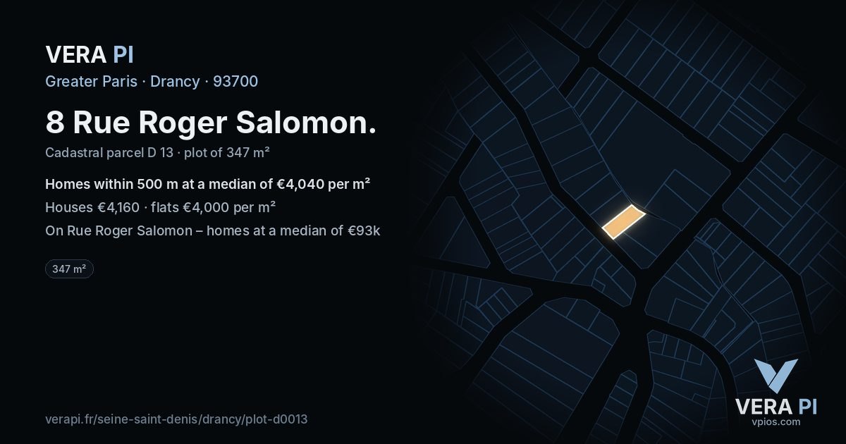 8 Rue Roger Salomon, Drancy at night – the plot lit, the parcels around coloured by the prices near them