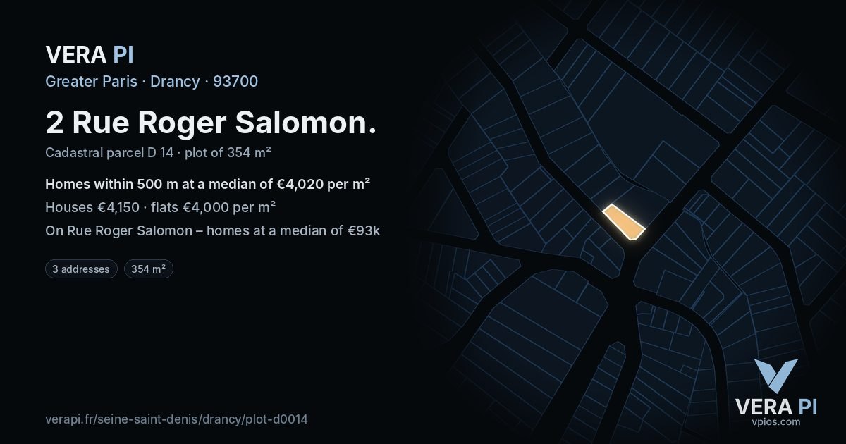 2 Rue Roger Salomon, Drancy at night – the plot lit, the parcels around coloured by the prices near them