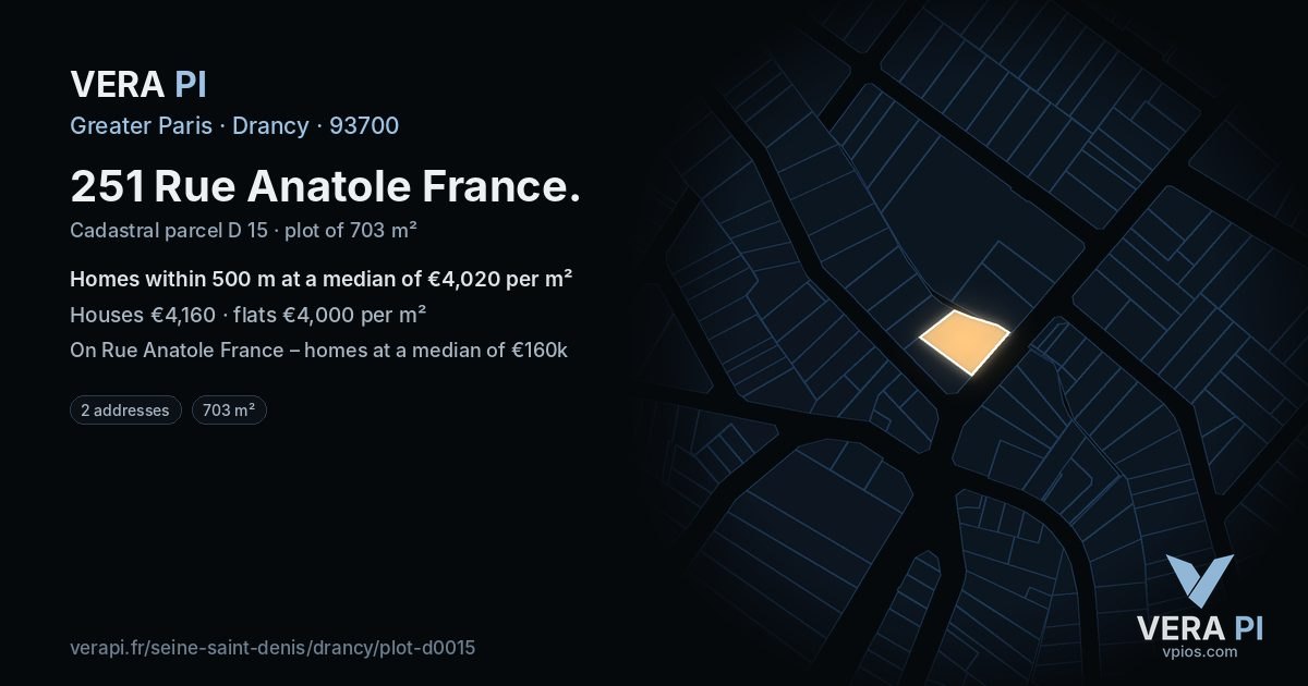 251 Rue Anatole France, Drancy at night – the plot lit, the parcels around coloured by the prices near them