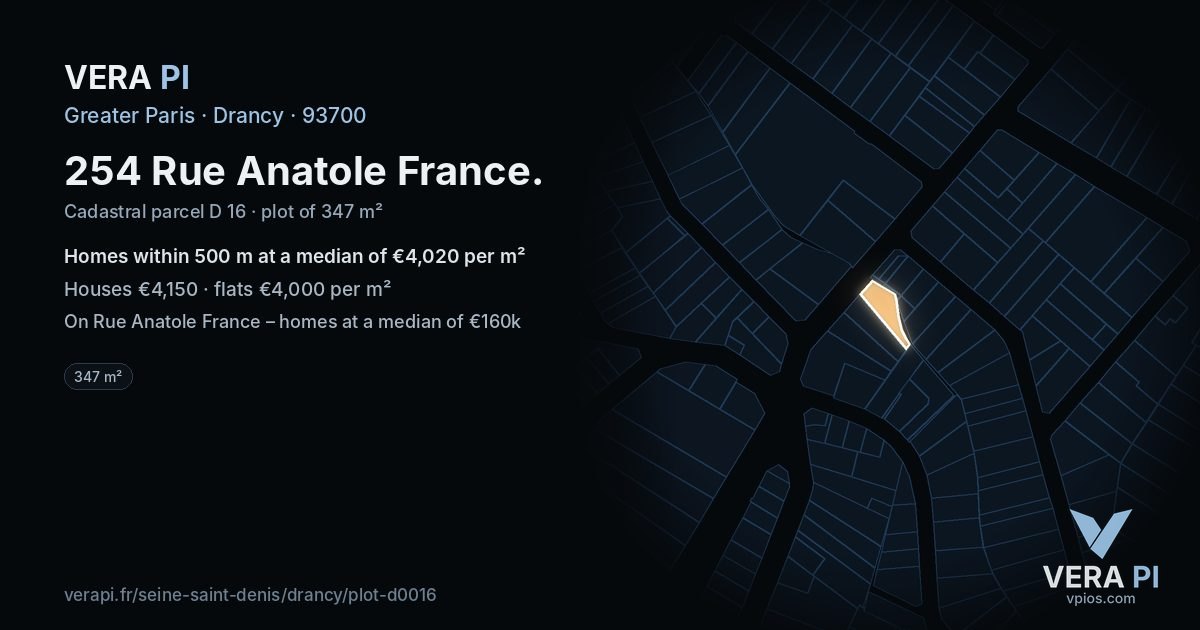 254 Rue Anatole France, Drancy at night – the plot lit, the parcels around coloured by the prices near them