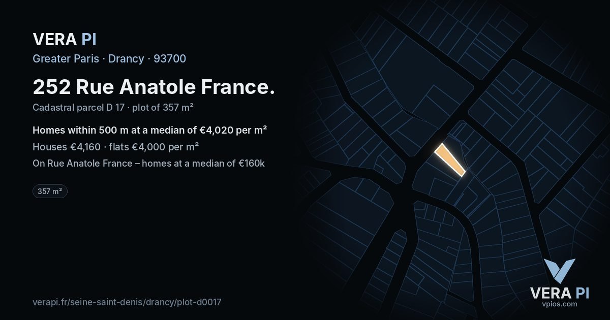 252 Rue Anatole France, Drancy at night – the plot lit, the parcels around coloured by the prices near them