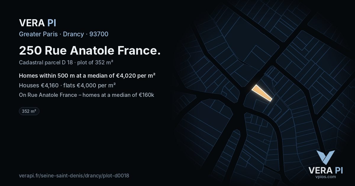 250 Rue Anatole France, Drancy at night – the plot lit, the parcels around coloured by the prices near them