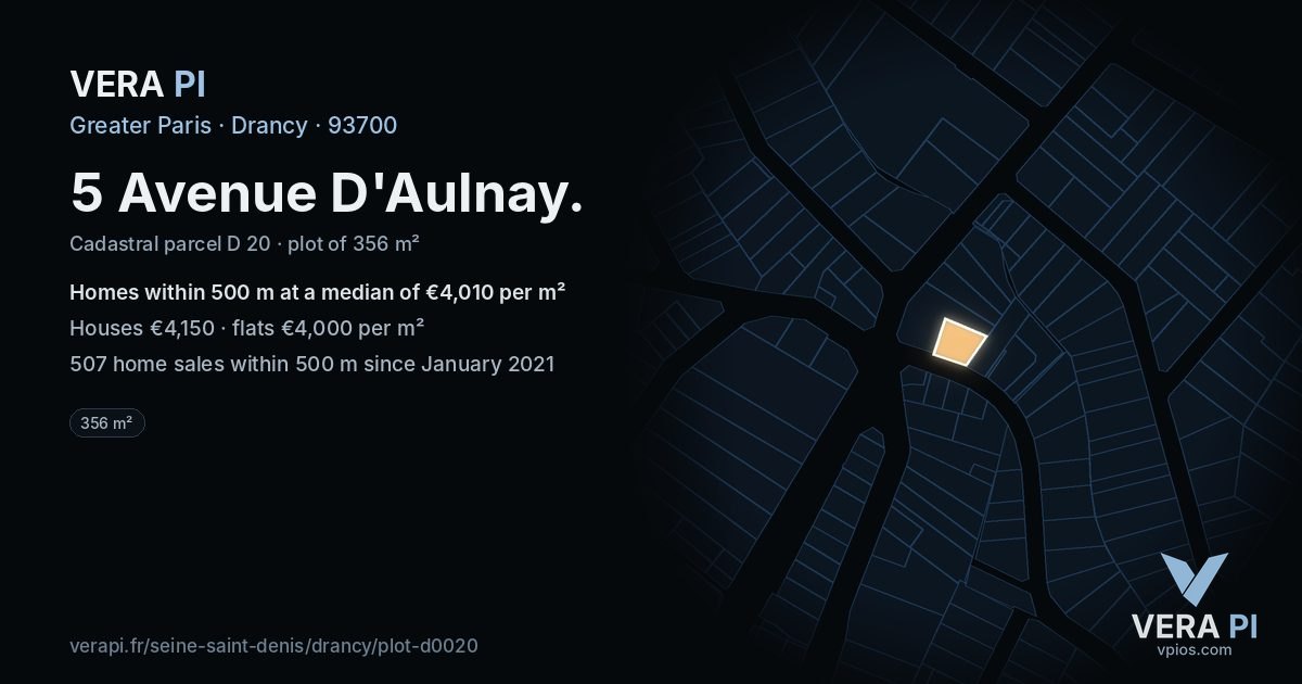 5 Avenue D'Aulnay, Drancy at night – the plot lit, the parcels around coloured by the prices near them