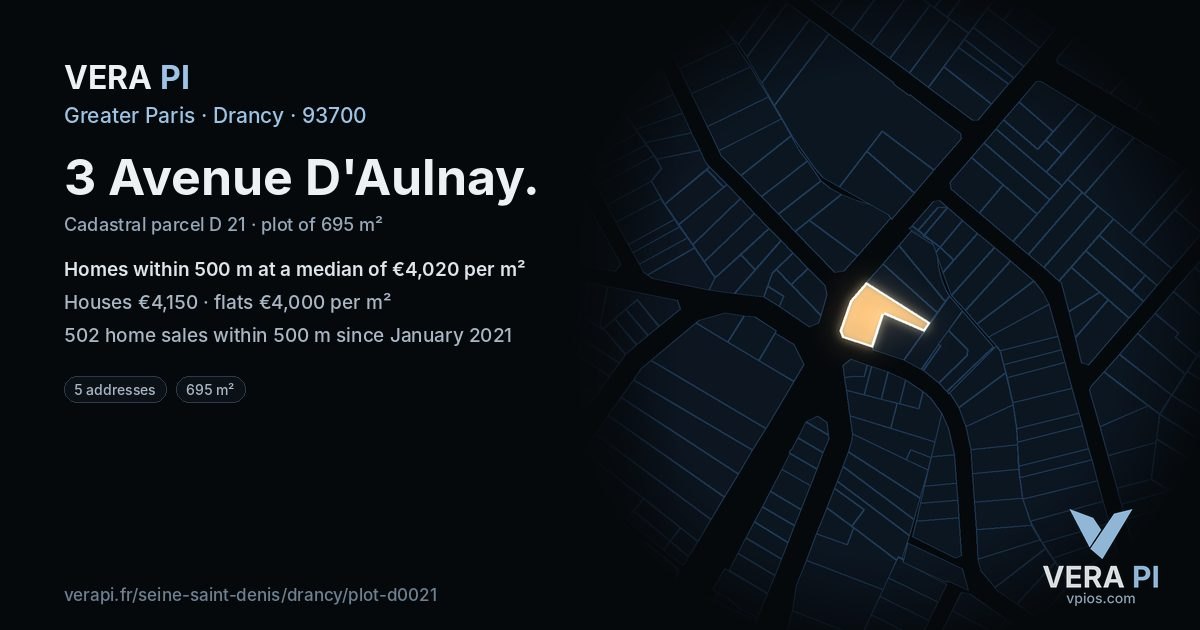 3 Avenue D'Aulnay, Drancy at night – the plot lit, the parcels around coloured by the prices near them