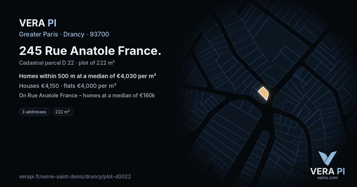 245 Rue Anatole France, Drancy at night – the plot lit, the parcels around coloured by the prices near them