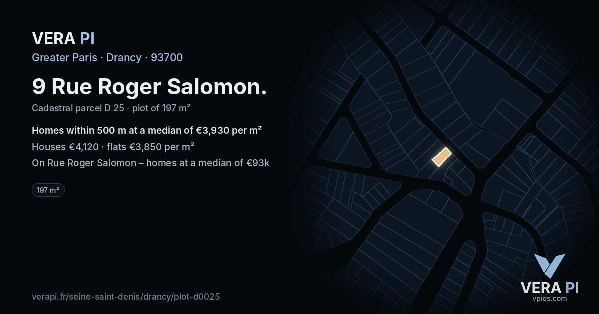 9 Rue Roger Salomon, Drancy at night – the plot lit, the parcels around coloured by the prices near them