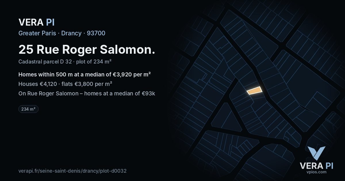 25 Rue Roger Salomon, Drancy at night – the plot lit, the parcels around coloured by the prices near them