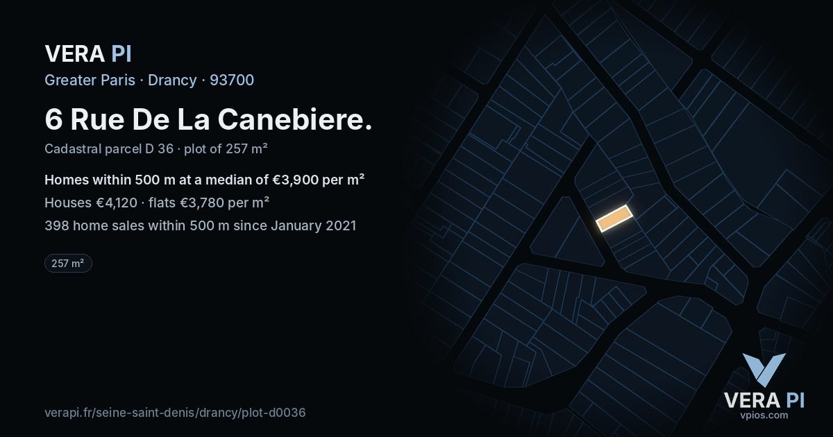 6 Rue De La Canebiere, Drancy at night – the plot lit, the parcels around coloured by the prices near them