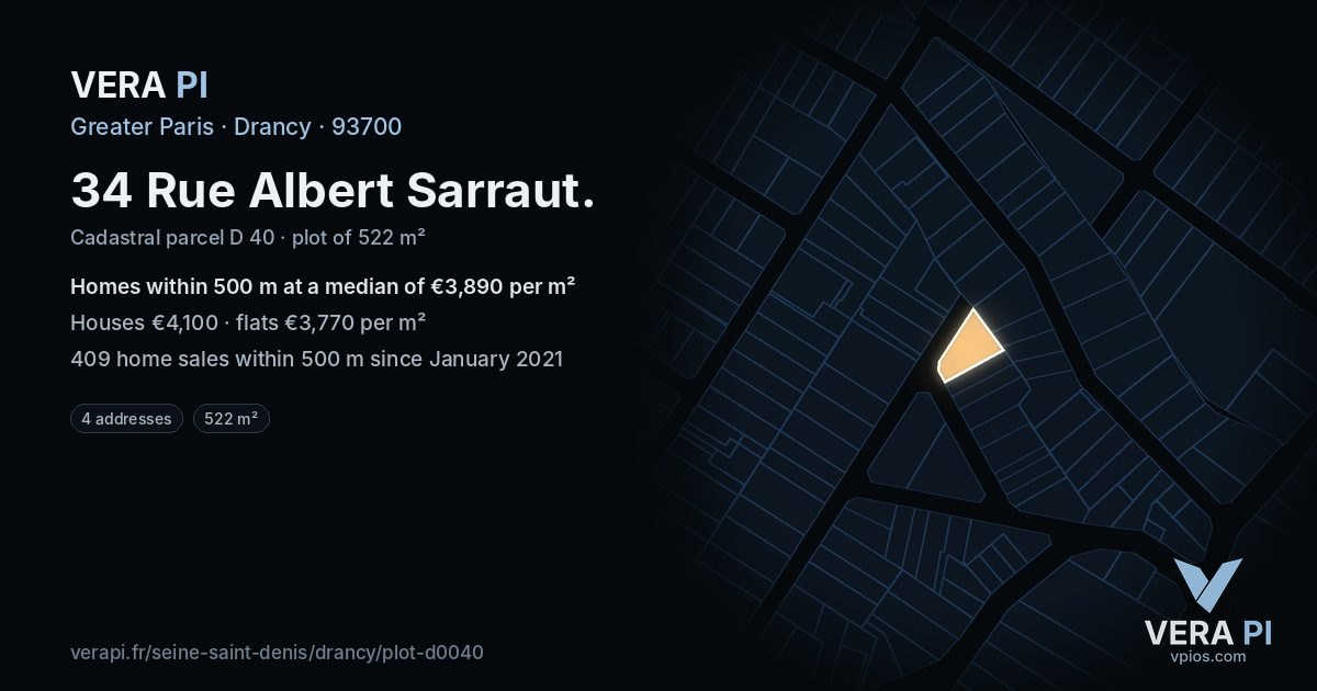 34 Rue Albert Sarraut, Drancy at night – the plot lit, the parcels around coloured by the prices near them