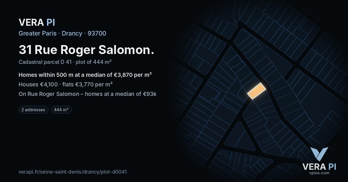 31 Rue Roger Salomon, Drancy at night – the plot lit, the parcels around coloured by the prices near them