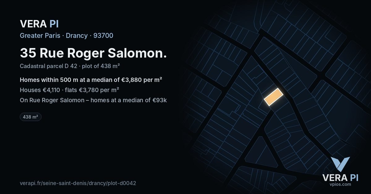 35 Rue Roger Salomon, Drancy at night – the plot lit, the parcels around coloured by the prices near them