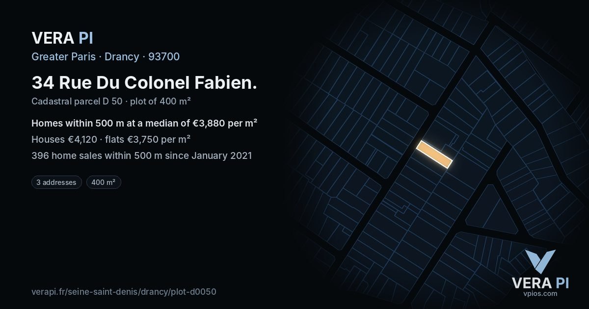 34 Rue Du Colonel Fabien, Drancy at night – the plot lit, the parcels around coloured by the prices near them
