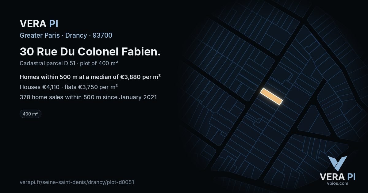 30 Rue Du Colonel Fabien, Drancy at night – the plot lit, the parcels around coloured by the prices near them