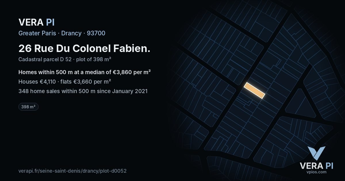 26 Rue Du Colonel Fabien, Drancy at night – the plot lit, the parcels around coloured by the prices near them