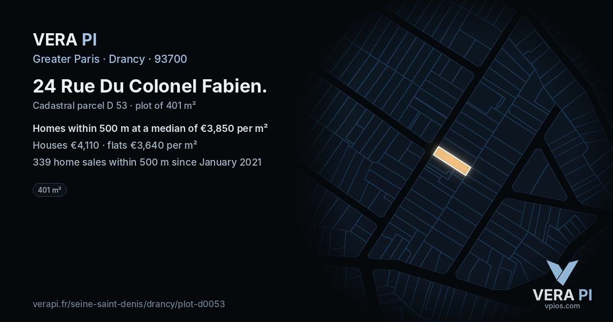 24 Rue Du Colonel Fabien, Drancy at night – the plot lit, the parcels around coloured by the prices near them
