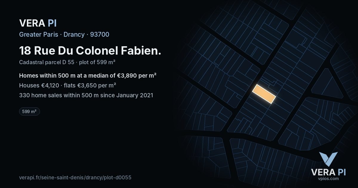 18 Rue Du Colonel Fabien, Drancy at night – the plot lit, the parcels around coloured by the prices near them