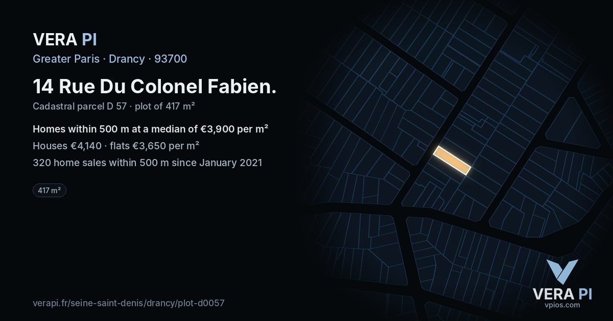 14 Rue Du Colonel Fabien, Drancy at night – the plot lit, the parcels around coloured by the prices near them