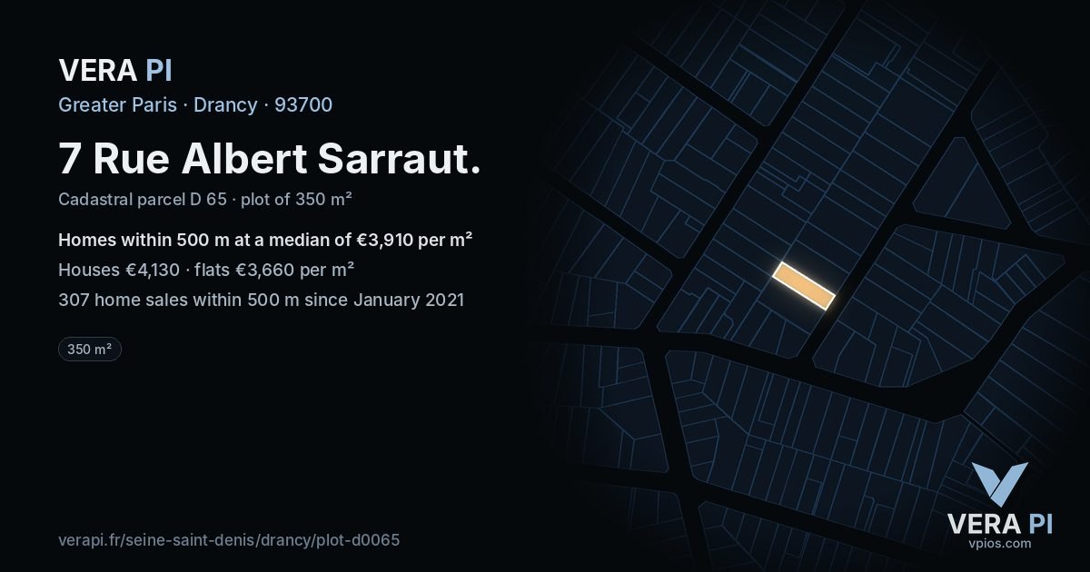 7 Rue Albert Sarraut, Drancy at night – the plot lit, the parcels around coloured by the prices near them