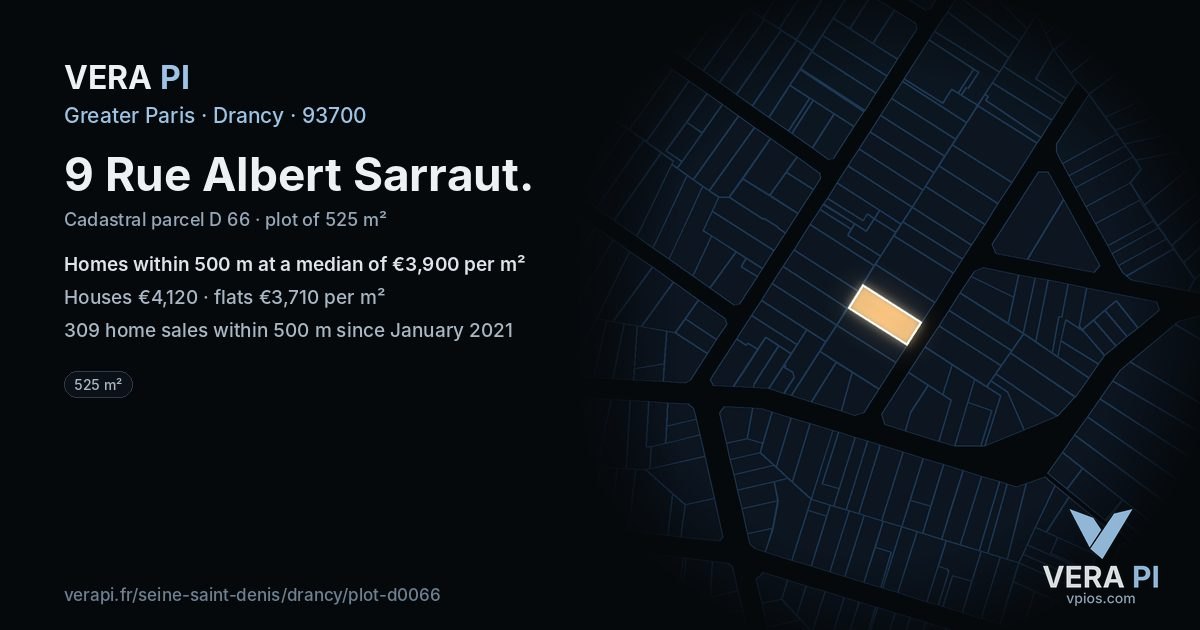 9 Rue Albert Sarraut, Drancy at night – the plot lit, the parcels around coloured by the prices near them