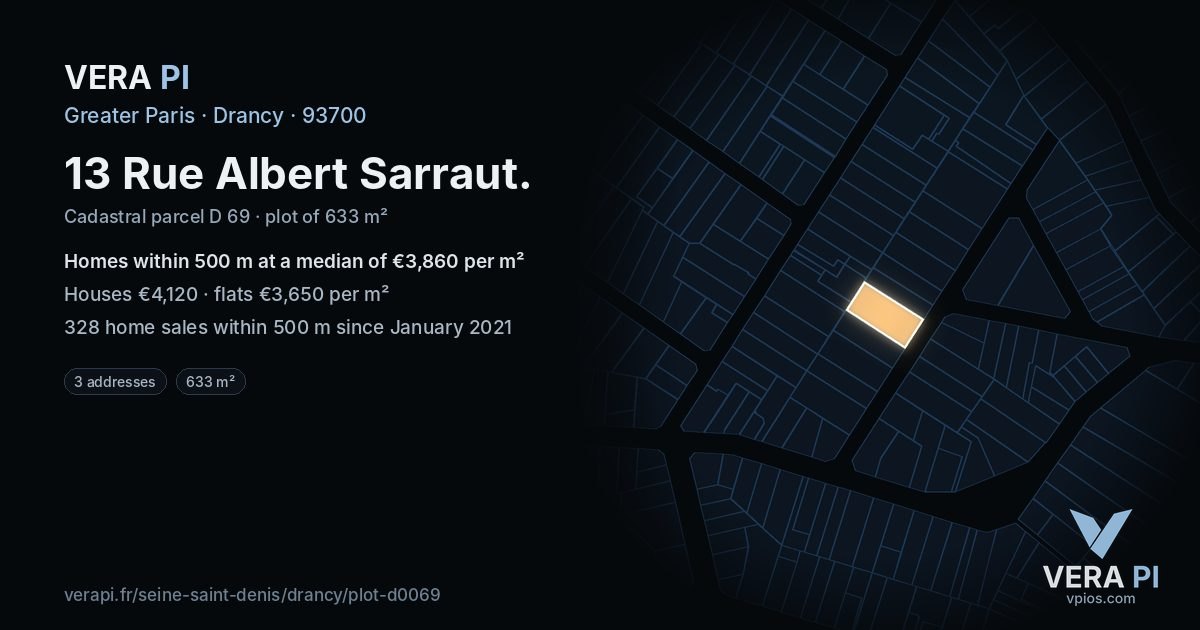 13 Rue Albert Sarraut, Drancy at night – the plot lit, the parcels around coloured by the prices near them