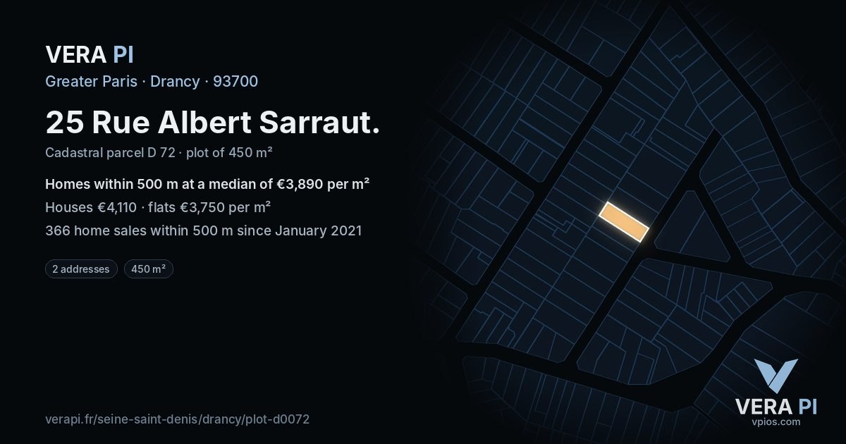 25 Rue Albert Sarraut, Drancy at night – the plot lit, the parcels around coloured by the prices near them