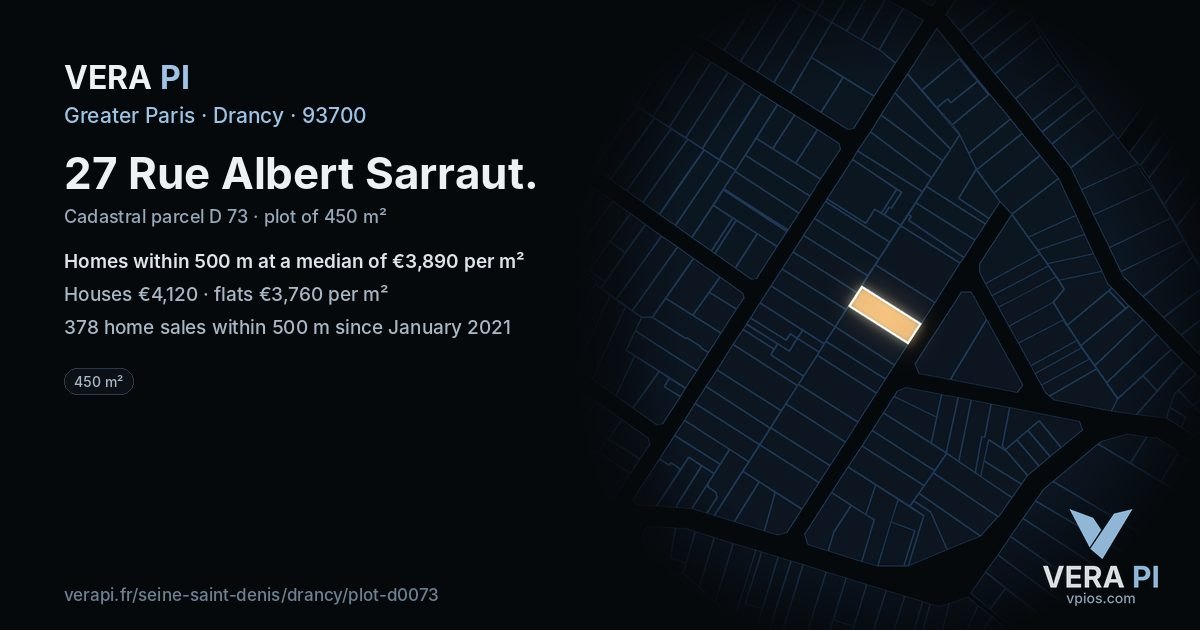 27 Rue Albert Sarraut, Drancy at night – the plot lit, the parcels around coloured by the prices near them