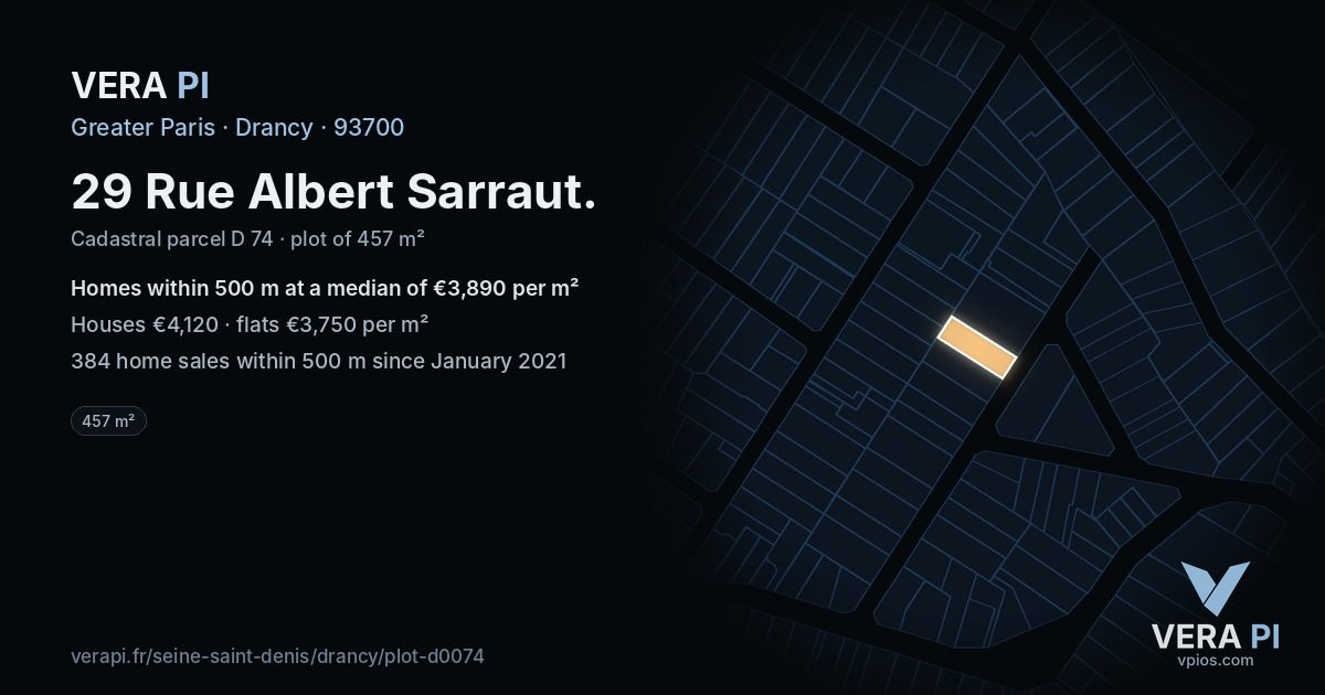29 Rue Albert Sarraut, Drancy at night – the plot lit, the parcels around coloured by the prices near them