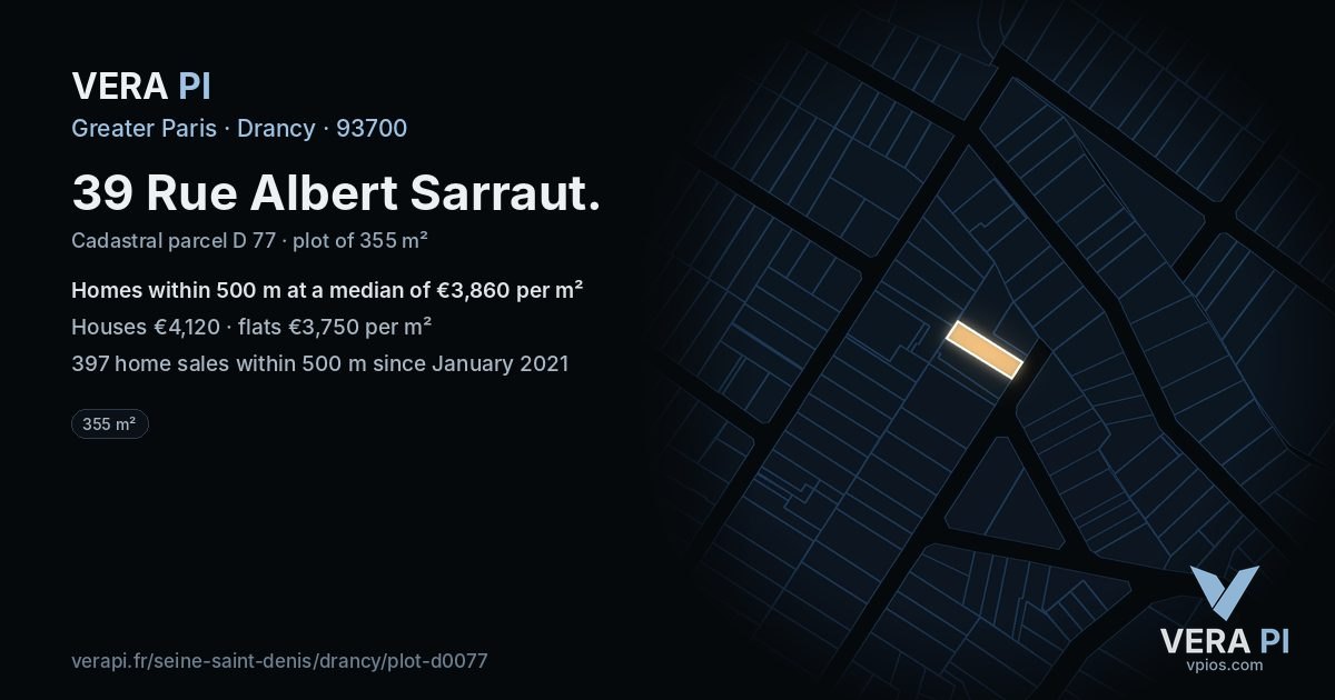 39 Rue Albert Sarraut, Drancy at night – the plot lit, the parcels around coloured by the prices near them