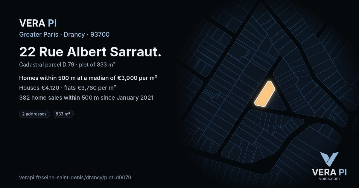22 Rue Albert Sarraut, Drancy at night – the plot lit, the parcels around coloured by the prices near them