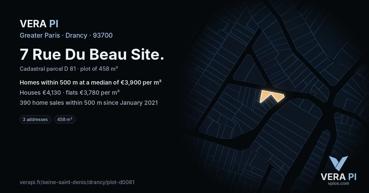 7 Rue Du Beau Site, Drancy at night – the plot lit, the parcels around coloured by the prices near them