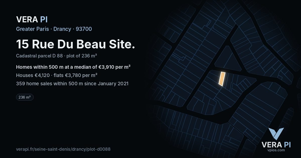 15 Rue Du Beau Site, Drancy at night – the plot lit, the parcels around coloured by the prices near them
